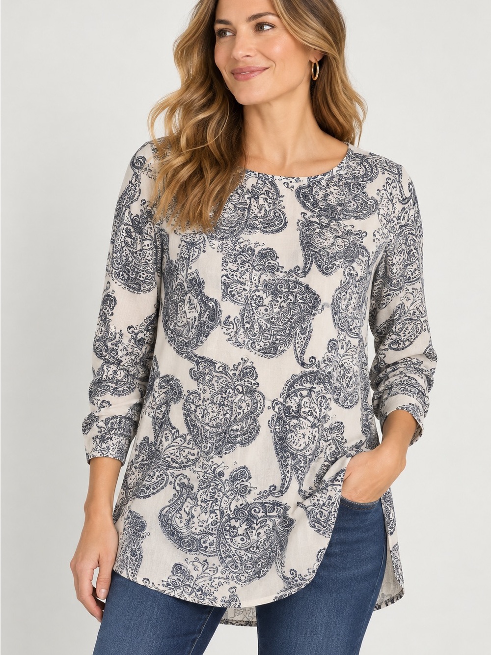 J. Jill White and Navy Paisley Blouse
